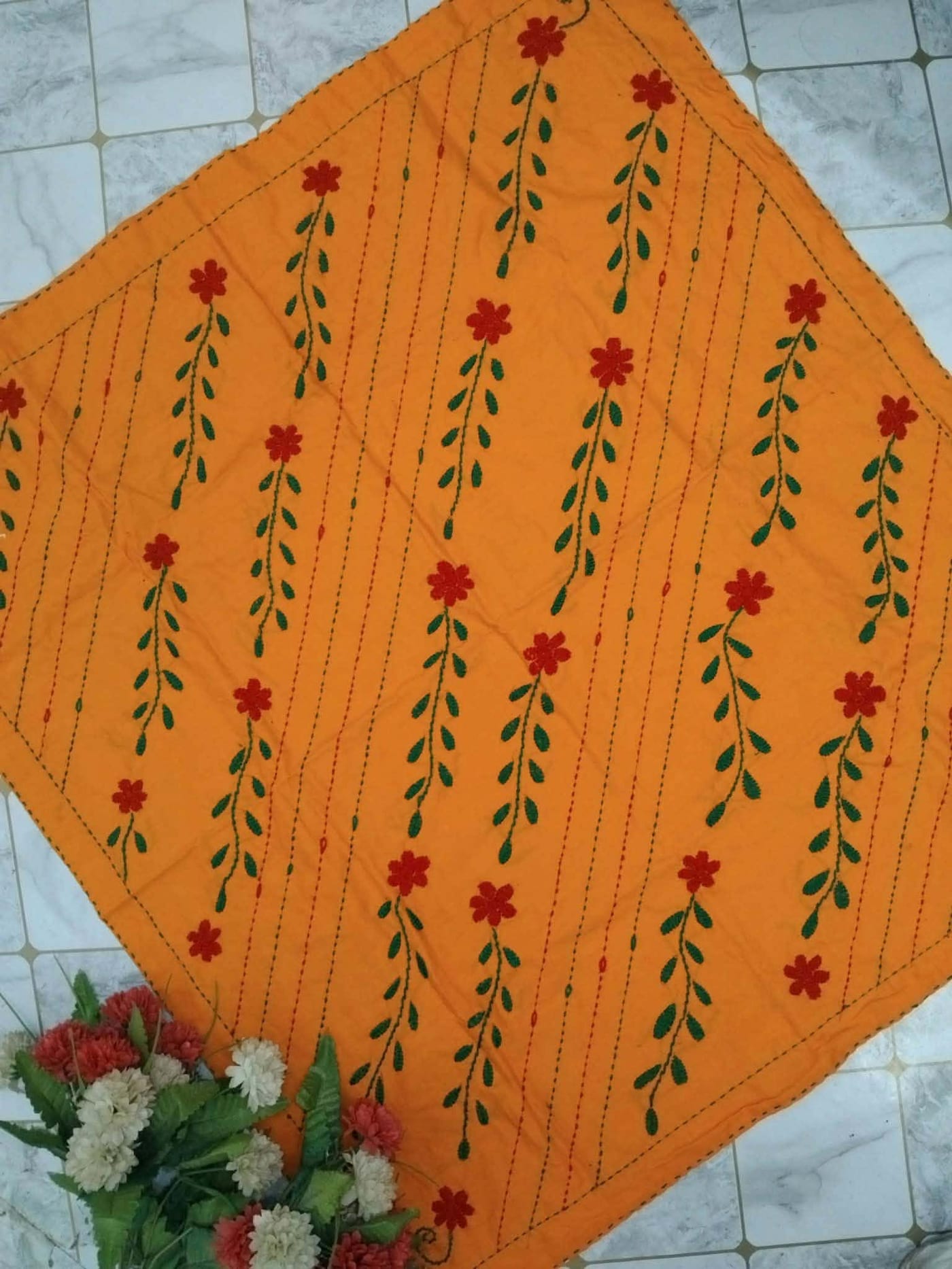 Orange Floral-Vine Baby Nakshi Kantha