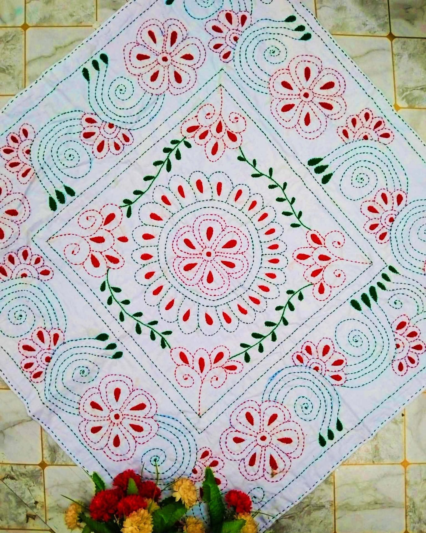 White Floral Baby Nakshi Kantha